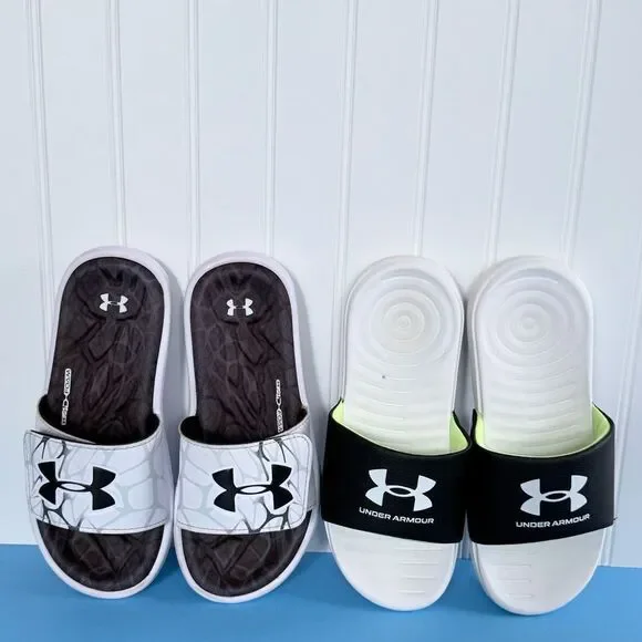 Bundle of 2 Under‎ Armour Black and White Slide Sandals Size 3Y