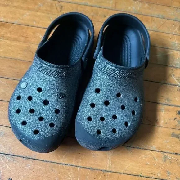 Crocs black & silver glitter rubber washable 2 slip on shoes