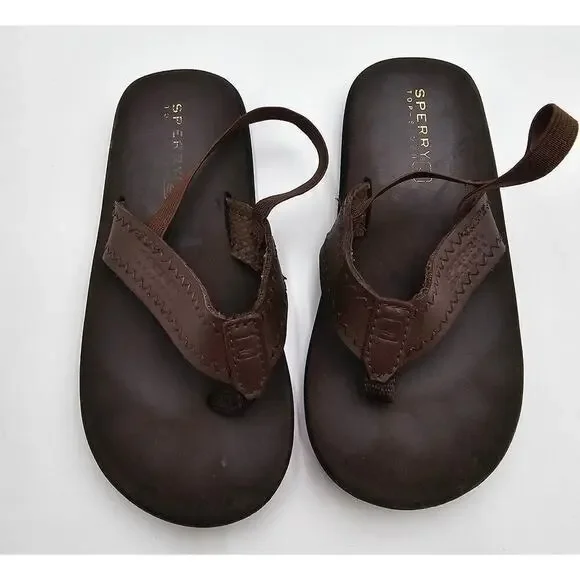 Sperry Top-Sider Boy's Size 11 Brown Leather Flip Flop Sandals with Elastic Back