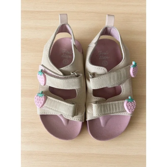 First Steps Toddler Girls Strawberry Pink Beige Sandals Size 9 Hook Loop Straps