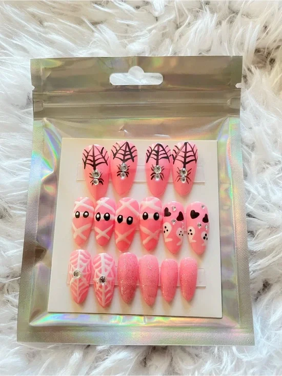 Pink halloween Press-On Nail Set with Cute Designs