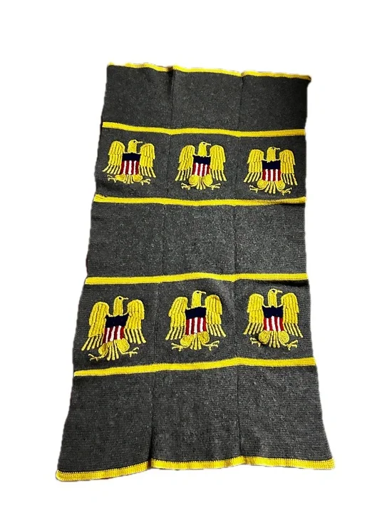 Handmade ~ Vintage ~ Gray ~ Patriotic/ Army Gold Eagle Embroidery ~ Wool Blanket