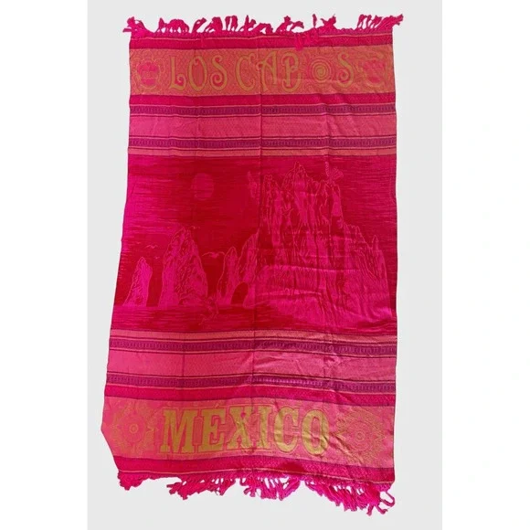 Mexico Los Cabos Woven Blanket Wall Hanging Pink Tapestry Fringe Boho 57x90