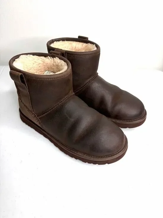 UGG Mini Deco Boots Men's Sz 7 Brown Leather Shearling 1008621 Comfort Casual