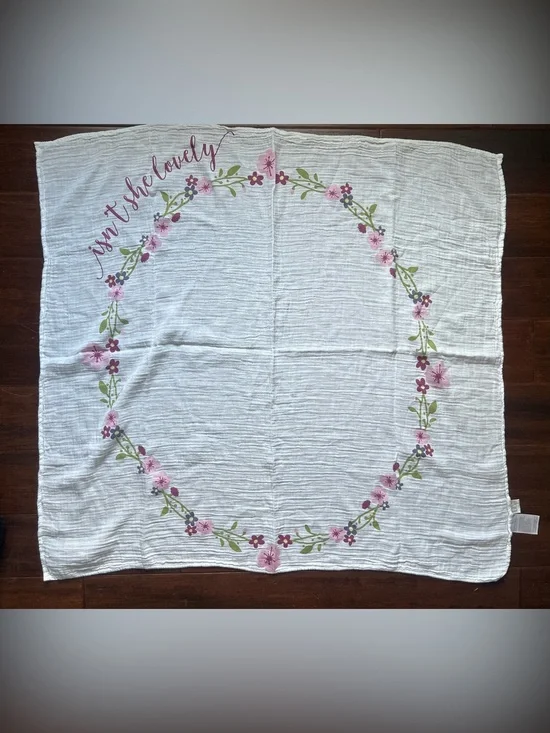 White Muslin Throw Blanket with Pink Floral Wreath for baby pictures