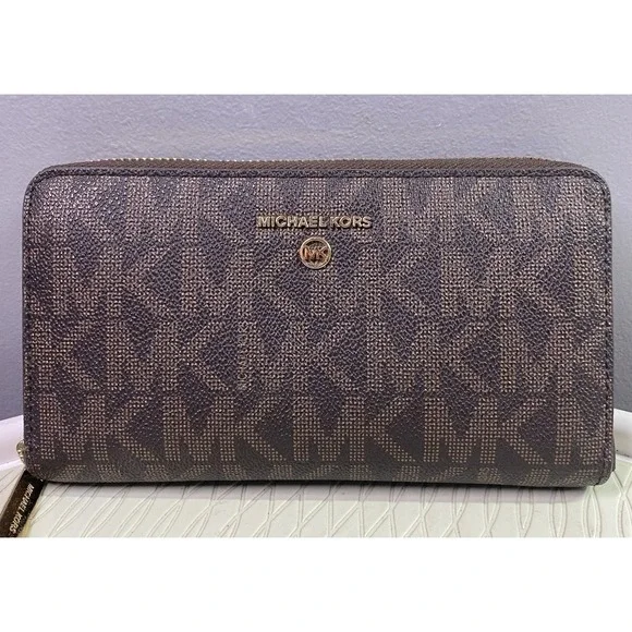 Michael Kors Womens Signature Logo print Canvas Large Wallet- Clutch Brown 4