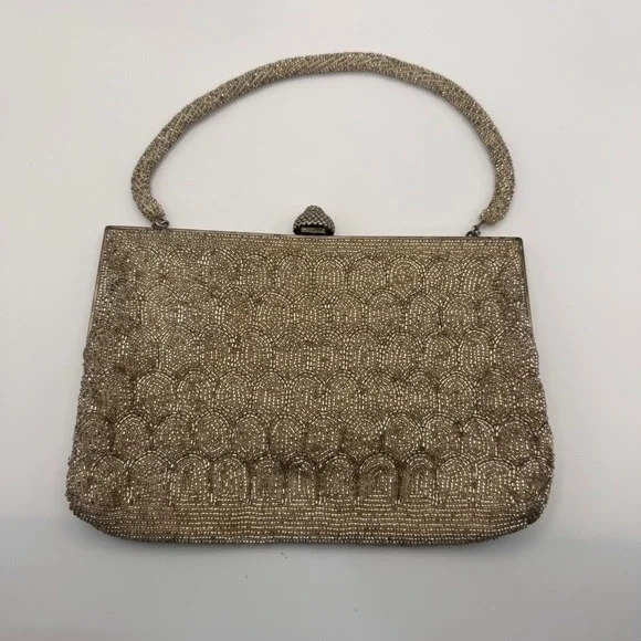 Walborg Vintage Beaded Evening Bag Champagne Gold Scalloped Japan Kiss Lock