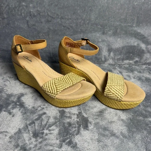 Clarks Womens 6.5 Tan Neutral Beige Straw‎ Woven Platform Wedge Sandals