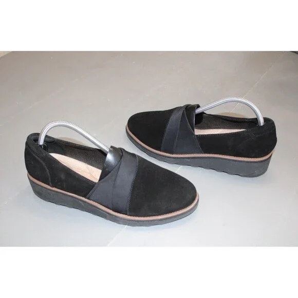 Clarks Sharon Pump Black Suede Slip On‎ Comfort Loafers Womens Size 10 Wedge
