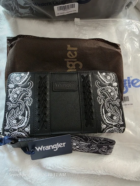 Wrangler Black Wristlet Clutch with White Paisley Embroidery
