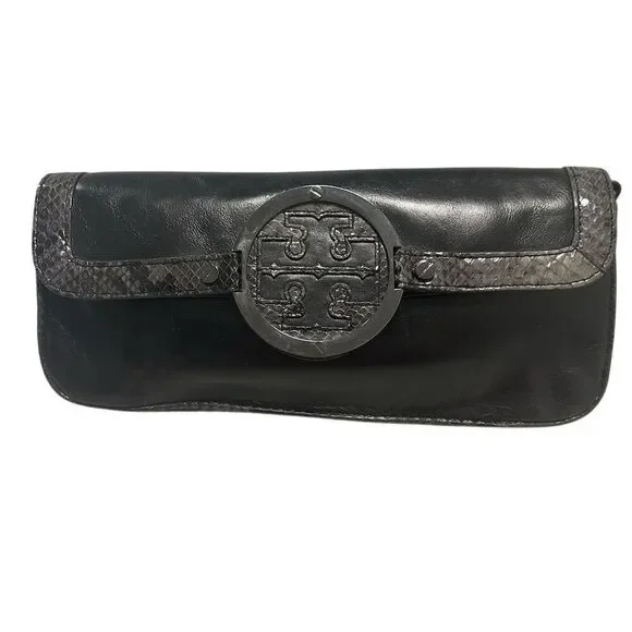 Tory Burch Women's Black Leather Clutch‎ with Snakeskin Trim