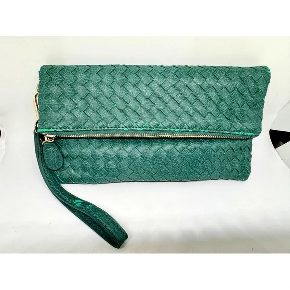 Urban Expressions Green Woven Vegan Leather Foldover Clutch Wristlet Bag