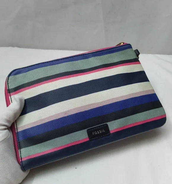Fossil Multicolor Coated Canvas Stripes Zipper Closure Coin Wallet