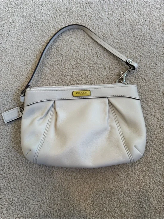 Coach Small Pebbled Leather wristlet in Cream with Gold Accent
