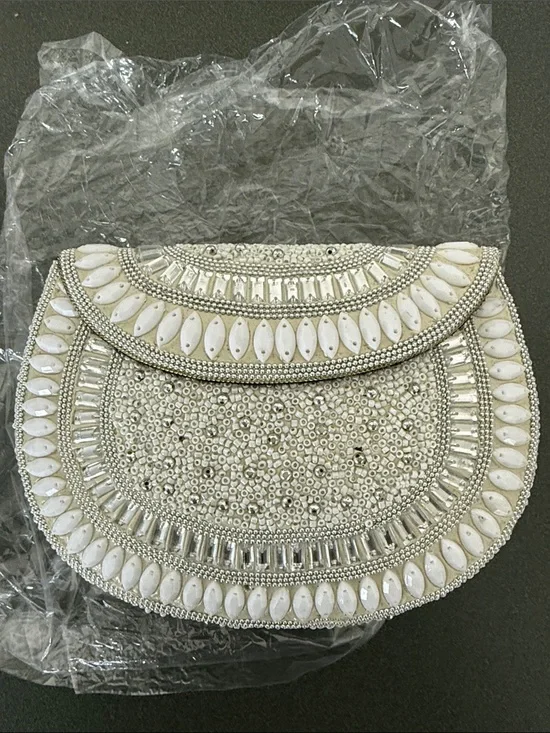 New RAMLA Beaded White Evening Clutch - Elegant Bridal Handbag
