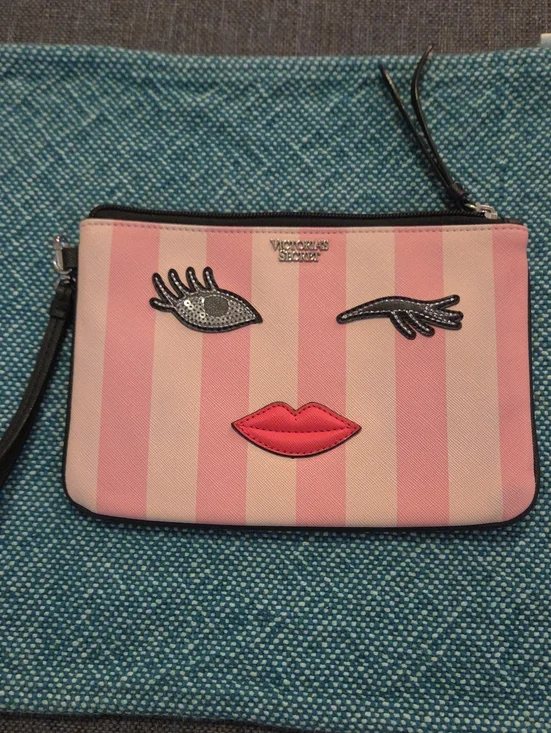 Victoria's Secret Pink Striped Wristlet Clutch with Face Appliqué