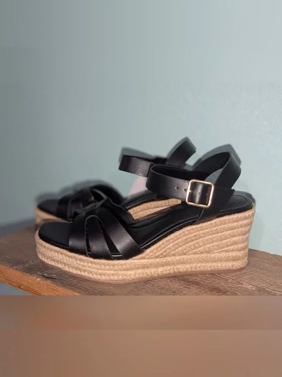 Time and Tru Black Espadrille Wedge Sandals with Ankle Buckle