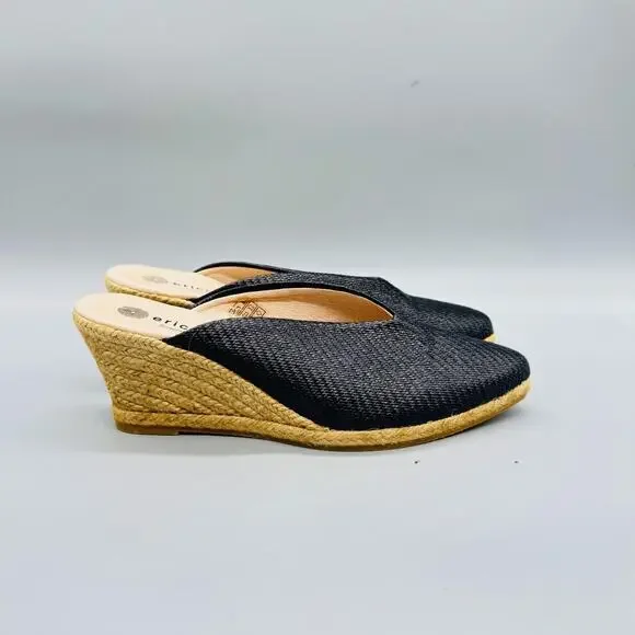 Eric Michael‎ Shoes Womens 8 Black Leather Espadrille Wedge Mule Heels Slip On