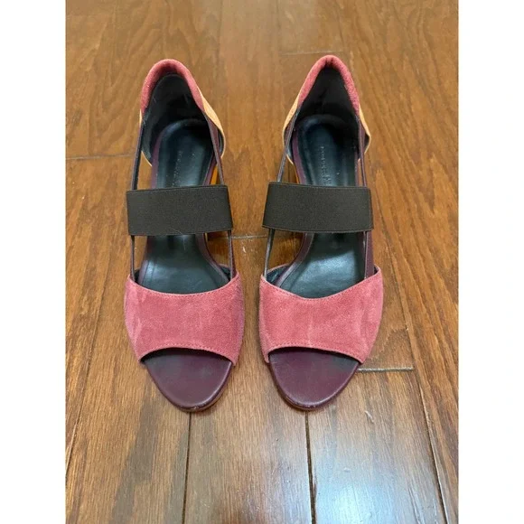 Womens Pink Suede Elastic-Strap Wedge Sandals (fits more like 6.5W