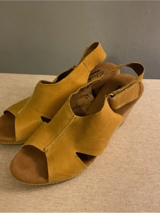 Clarks Yellow Suede Peep-Toe Slingback Wedge Sandals