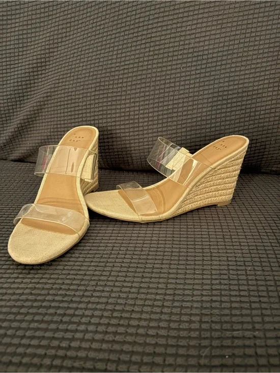 Clear Double-Strap Wedge Sandals in Beige