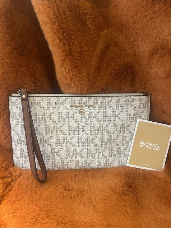 Michael Kors Logo Wristlet in Vanilla with Brown Trim