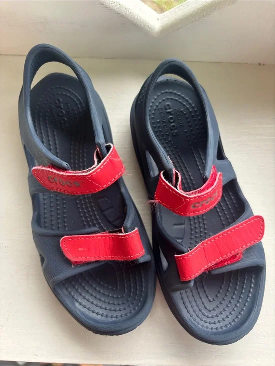 CROCS Kids Navy Sandals with Bright Red Straps