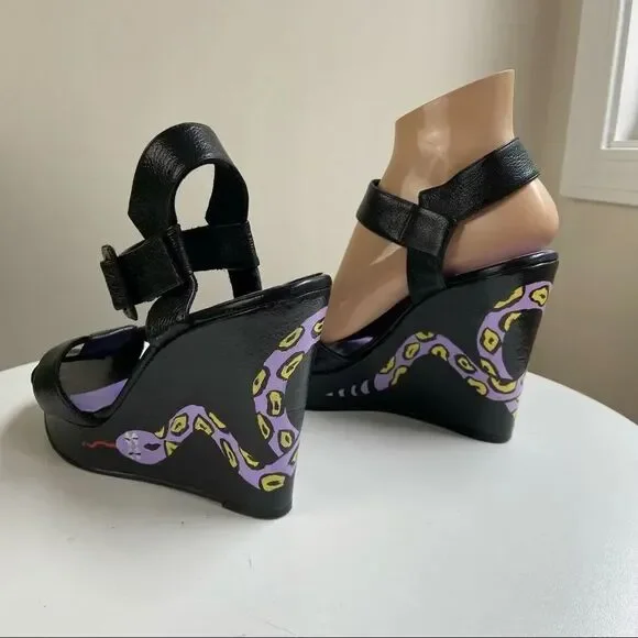 Hand Painted Nine West Platform Wedge Pumps Featuring Snake Motif One of a Kind