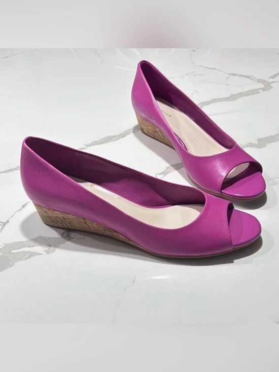 Cole Haan Women's Hot Pink Matte Finish Peep Toe Wedge Heels Cork Pumps Size 7.5