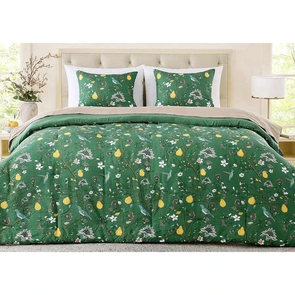 MUSSEL Queen Comforter Set 3pc Green Vintage Boho Botanical Floral Seersucker