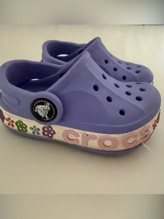 CROCS Kids Purple Clogs with Pink Logo Band and Multicolor Floral Accents
