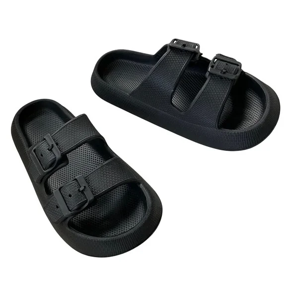 Kids Black Double Buckle Slides Sandals‎ Beach Pool Comfort Slides Size 36-37