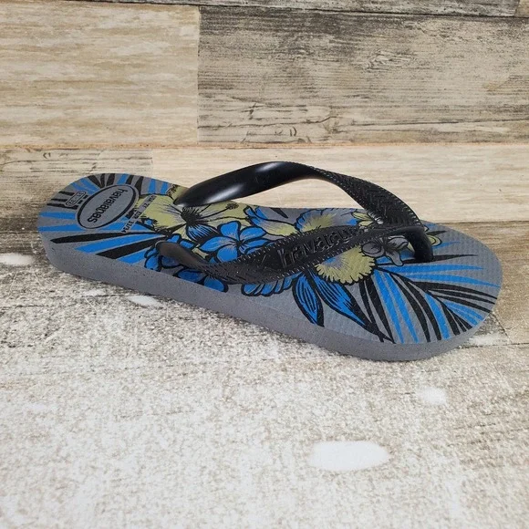 Havaianas Aloha Kids Flip Flop Sandals Sz 2 Black Blue‎ Rubber Floral Slip On