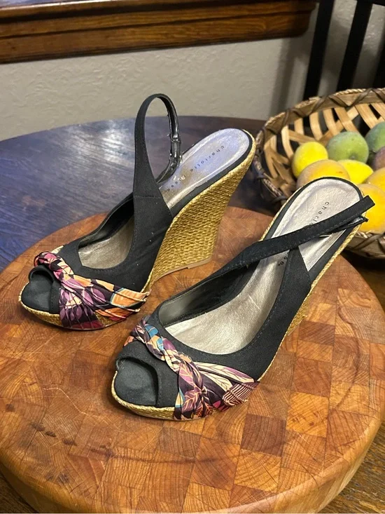 Charlotte Russe Black Slingback Wedge Heels with Multicolor Floral Knot