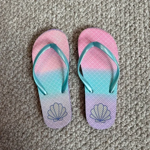 Girls Mermaid Ombre Flip Flops‎ Pink Teal Purple Seashell Sandals Size 3/4