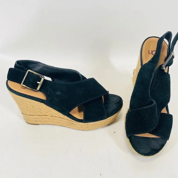 UGG Trina Black Suede Espadrille Wedge Sandals 1019902 Womens 7