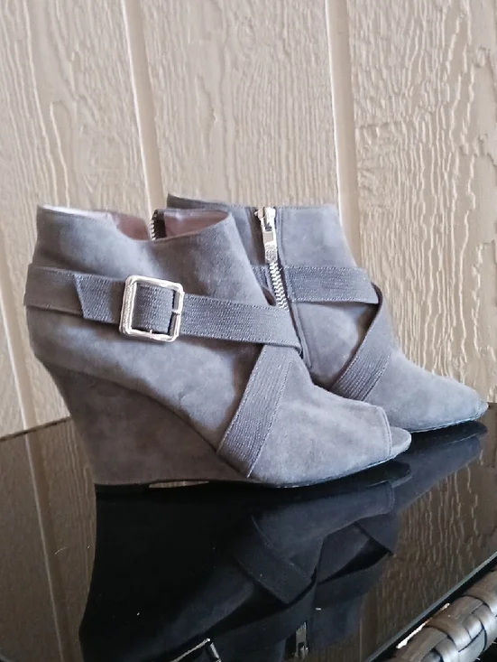 Vince Camuto Gray Suede Peep Toe Crisscross Wedge Booties