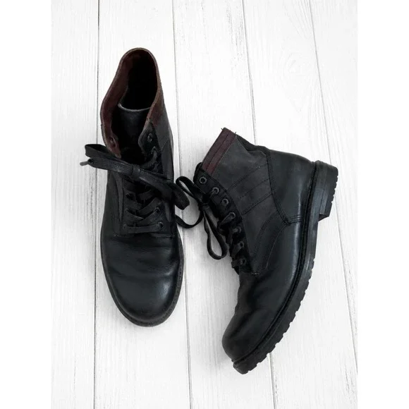 Frye Warren Combat Boots Mens 8.5 D Black Leather Canvas Mixed Media Lug Sole