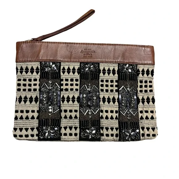 Abercrombie & Fitch Embellished‎ Beaded Boho Wristlet Clutch Bag Black Cream