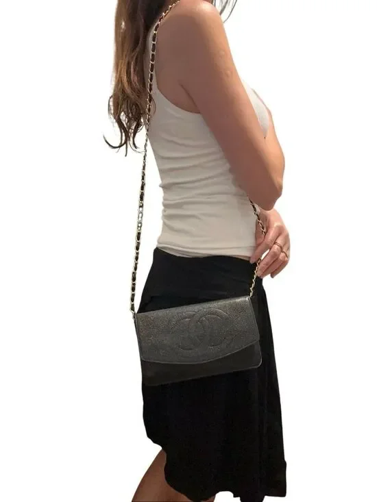 CHANEL Black Textured Caviar Leather Flap Clutch