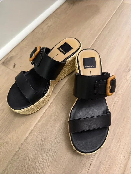 Dolce Vita Black Leather Espadrille Wedge Slide with Tan Buckle