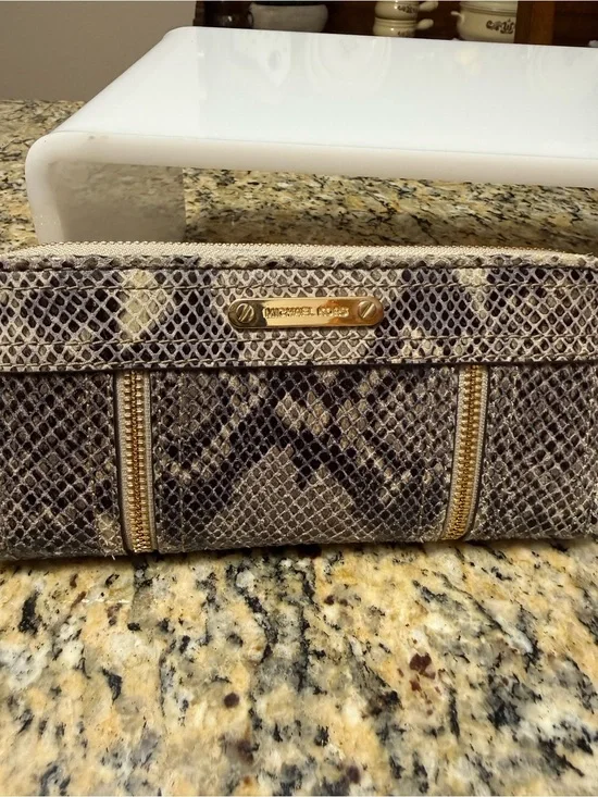 Michael Kors Snake-Print Zip Clutch in Brown and Taupe with Gold Hardware