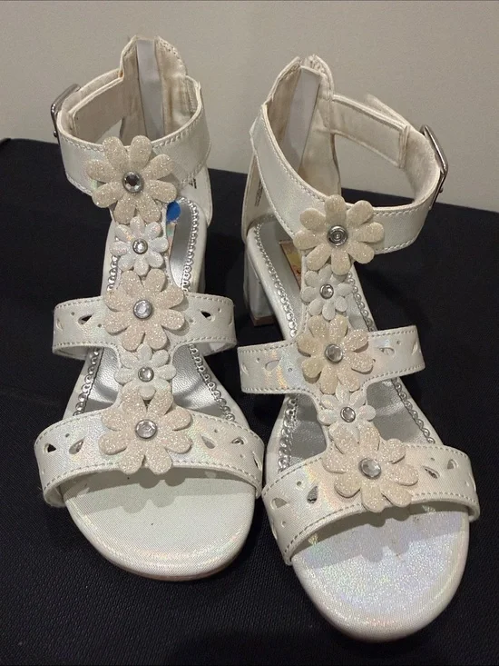 Rachel shoes Girls' Ivory Glitter Flower Ankle-Strap Sandals Size 2