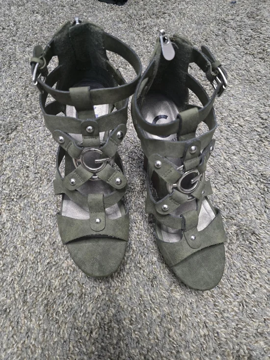 G by Guess Olive Green Suede Strappy Stud Wedge Sandals