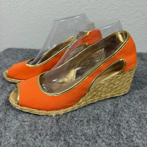 Lauren Ralph Lauren Charlotte Espadrille Wedge Women 8B Orange Textile Gold GUC