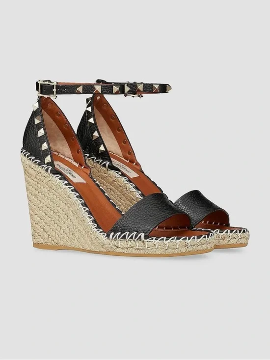 Valentino Garavani Black Leather Studded Espadrille Wedge Sandals