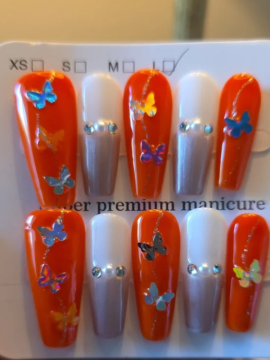 Orange Butterfly Press-On Nail Set by Size Large