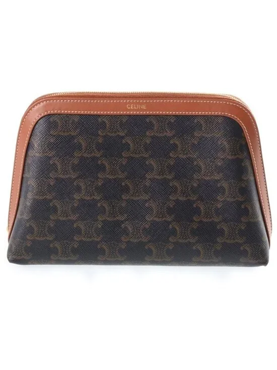 Celine Triomphe Pouch Makeup Brown Leather Gold