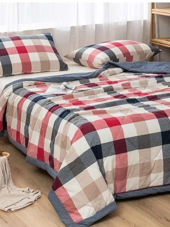 Plaid Cotton Quilt Set in Red, Navy & Beige - Brand: