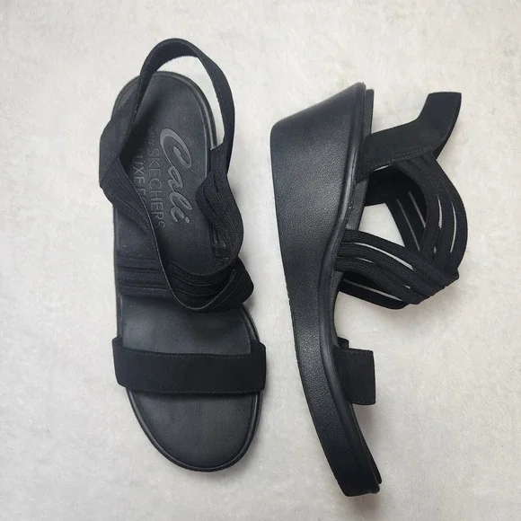 Skechers Cali Rumblers Black Strappy Wedge Sandals Luxe Foam Women 8 Resort